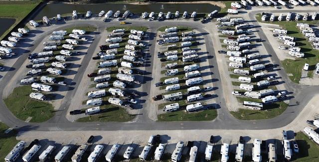 Aerial view of The Gates at McNeese RV Park showing curved rows of RV sites
