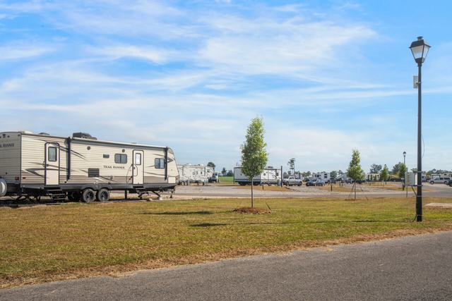 Travel trailer beside a grassy area with young trees and a lamppost