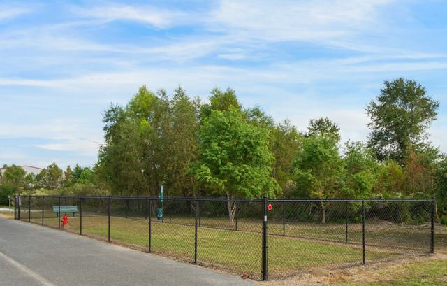 Fenced grassy area with a bench and red hydrant beside tall trees