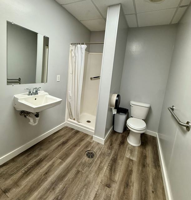 Bathroom with wall sink, shower stall with curtain, toilet, and grab bar