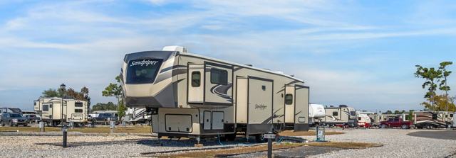 Fifth wheel parked on a gravel site with other RVs in the background