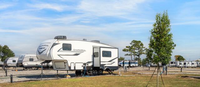 White fifth wheel parked on a site beside a young tree and grass
