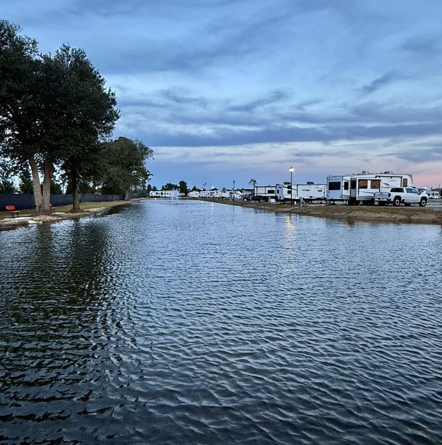Pond at dusk with trees on one side and RVs along the far bank