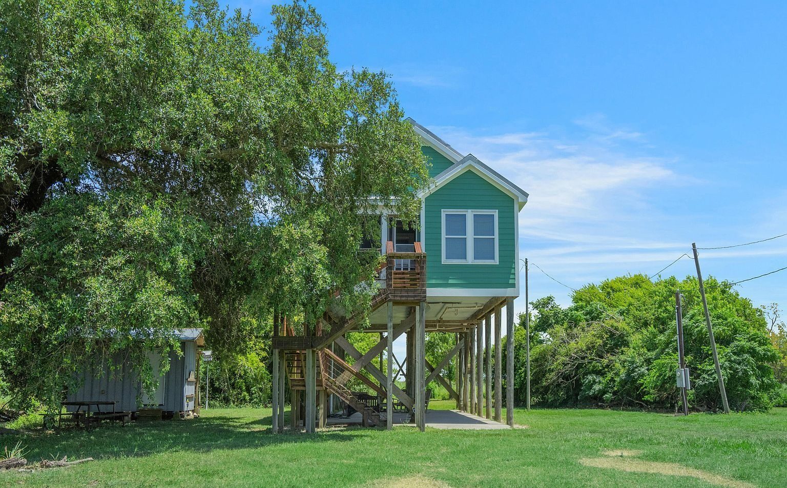 Green elevated Pecan Island Camp house on stilts beside a large oak tree
