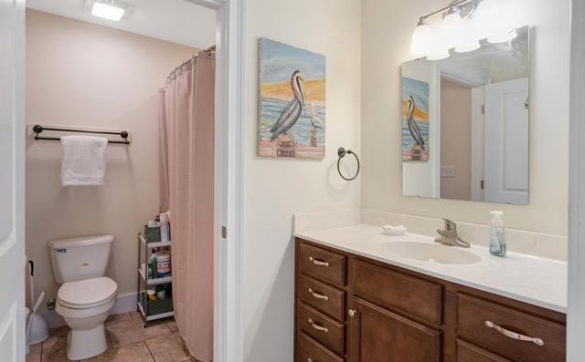 Bathroom with wood vanity, large mirror, pelican painting, and separate toilet area