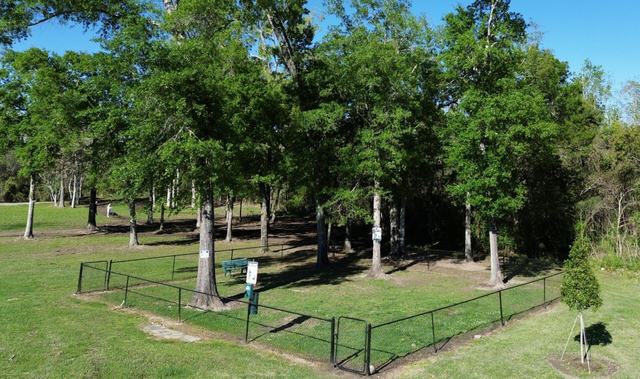 Fenced grassy area shaded by tall trees with a bench and sign