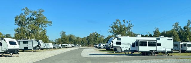 Row of RVs parked along a paved road under a clear blue sky