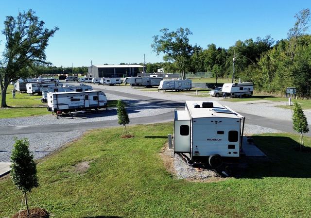 Travel trailer on a grassy site with young trees and more RVs beyond