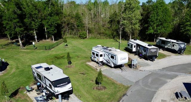 Several RVs on grassy sites with young trees and a wooded backdrop